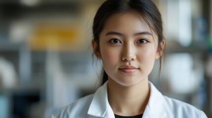 Fototapeta premium Close-up portrait of a young woman scientist wearing a white coat, her expression focused and determined. 