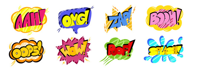 Pow comic speech bubbles set with the words -OMG, ZAP, OOPS, WOW and others in the 90s style