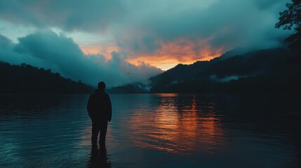 A man stands in the water, looking out at the mountains