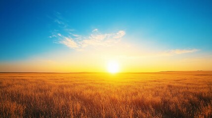 Golden Field at Sunset with a Clear Blue Sky
