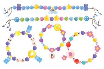 Set of necklaces, bracelets in a cartoon style.Vector illustration of cute necklaces, bracelets with colored balls, bags, stars,rainbows,emoticons,letters strung on cords isolated on white background.