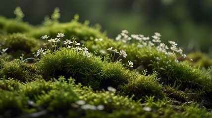 green moss on the ground with white flowers