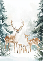 Watercolor illustration of a deer family in the snow with pine trees and falling snowflakes, pastel colors, Christmas theme, card or postcard