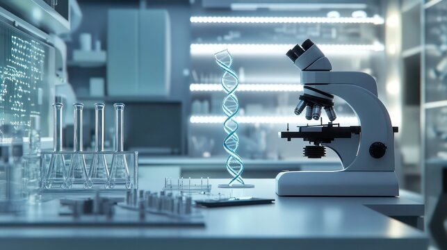 A modern laboratory setting with a microscope, test tubes, and a DNA model. - Powered by Adobe