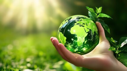 A hand holds a glass globe with green leaves in front of a green blurred background.