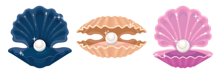Set of beautiful seashells with pearls in cartoon style. Vector illustration of white pearls in colored shells, open and half-open: blue, beige, pink isolated on a white background. Precious jewelry.
