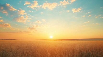 Obraz premium Golden Wheat Field at Sunset with a Cloudy Sky