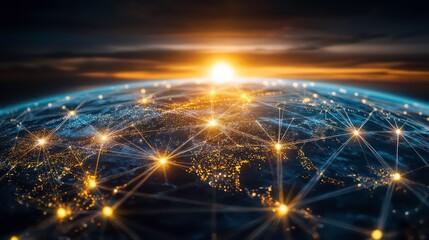 A glowing network of connections across the Earth at sunset, representing global communication and interconnection.
