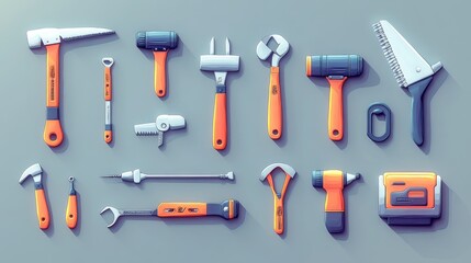 3D vector cartoon icons of essential tools: planer, saw, pliers, screwdriver, vise, drill, hammer, adjustable wrench, bright and detailed