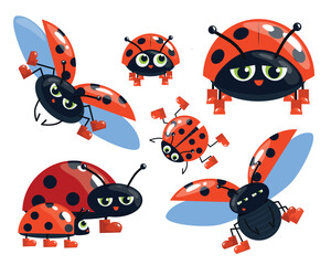 Set of ladybug characters in cartoon style.Vector illustration of bright ladybugs with different emotions: flying, crawling, walking, cute,upset, squinting in red boots isolated on a white background.