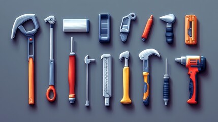 3D vector cartoon icons of essential tools: planer, saw, pliers, screwdriver, vise, drill, hammer, adjustable wrench, bright and detailed