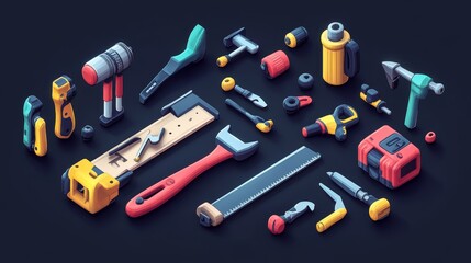 Fototapeta premium 3D vector cartoon icons of essential tools: planer, saw, pliers, screwdriver, vise, drill, hammer, adjustable wrench, bright and detailed