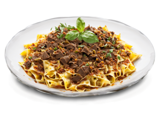 Pappardelle with Wild Boar Ragu slow cooked and rich served on a transparent glass dish