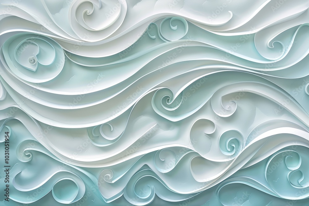 Poster Layers of vibrant paper in various shades of blue and peach create a stunning abstract wave pattern, showcasing artful design and craftsmanship
