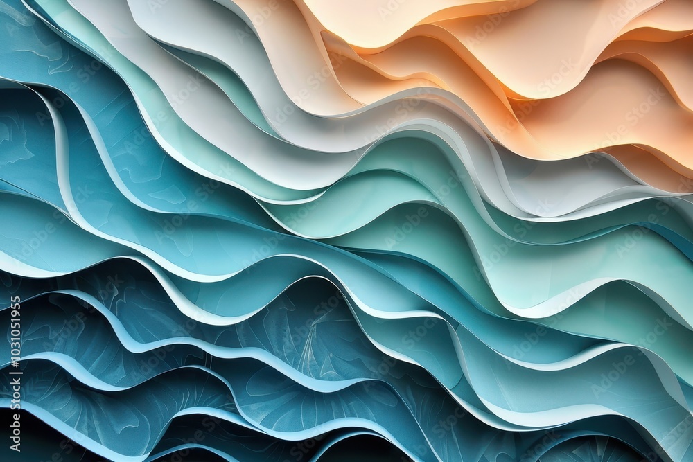 Poster layers of vibrant paper in various shades of blue and peach create a stunning abstract wave pattern,