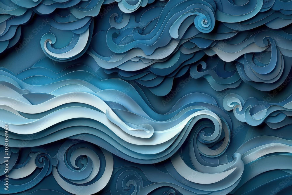 Poster Layers of vibrant paper in various shades of blue and peach create a stunning abstract wave pattern, showcasing artful design and craftsmanship
