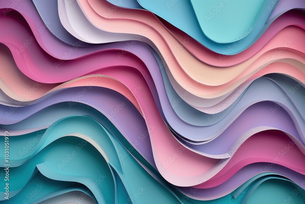 Poster Layers of vibrant paper in various shades of blue and peach create a stunning abstract wave pattern, showcasing artful design and craftsmanship