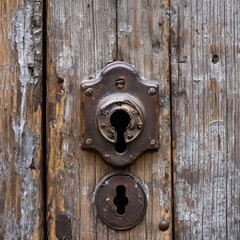 Fototapeta premium Old lock on wooden door, secure.