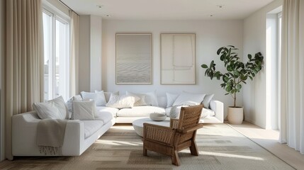 Bright living room with a white sofa, a colorful armchair, and vibrant posters on the wall