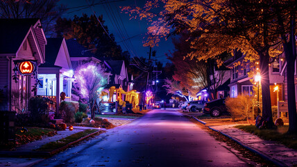 Fototapeta premium street lined with houses featuring creative Halloween decorations, with orange and purple lights illuminating the night