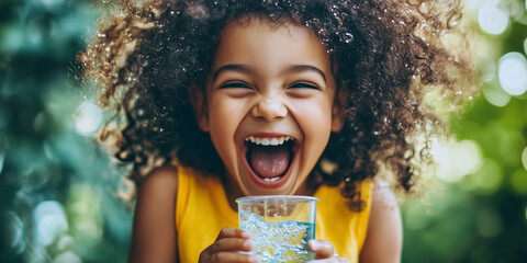 Pretty little child drinking fresh water on sunny summer day at home. Cute preschool kid holding glass of pure mineral water. Healthy lifestyle for kids. © MNStudio