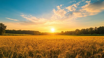 Golden Wheat Field at Sunset with a Blue Sky and Fluffy Clouds