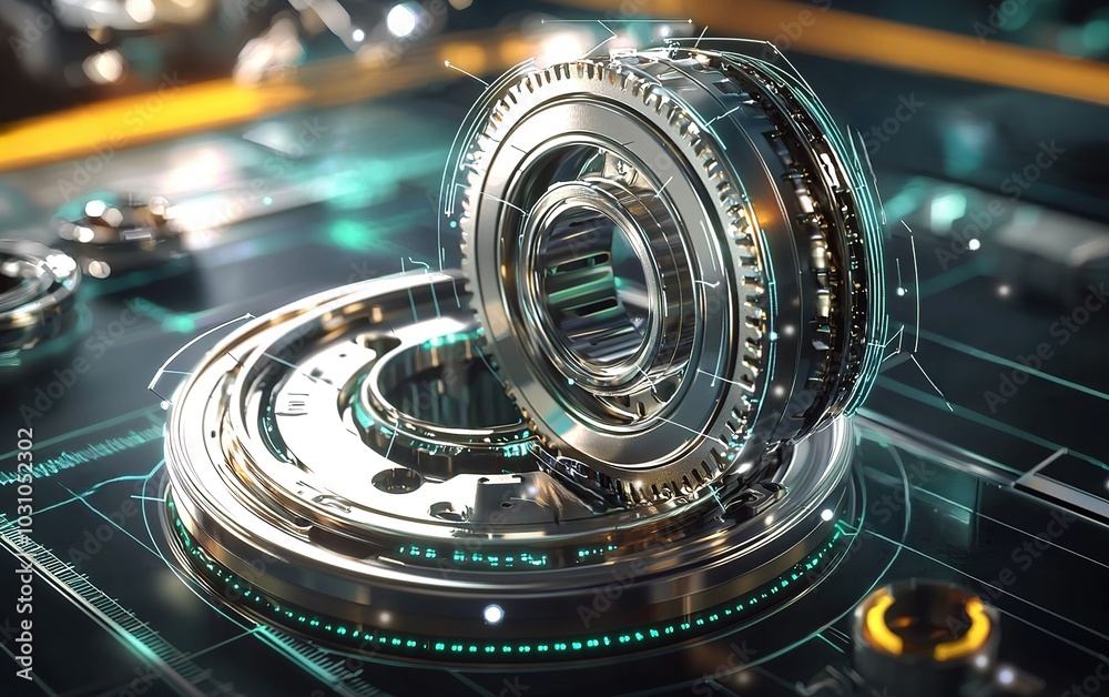 Poster futuristic mechanical components on a digital interface with glowing elements and intricate designs 