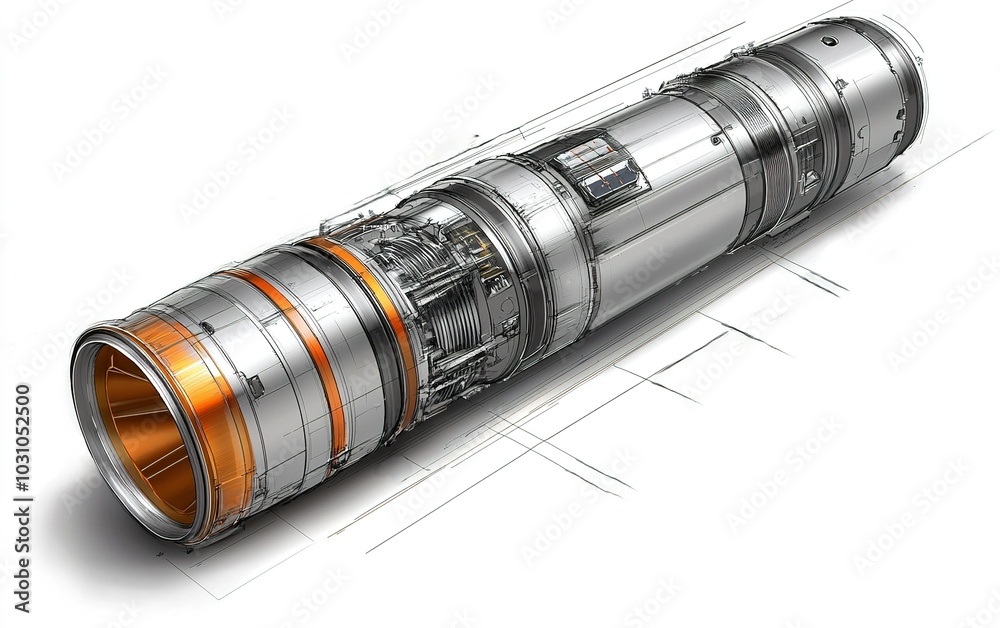 Poster detailed blueprint of a futuristic rocket engine design showcasing advanced engineering concepts and