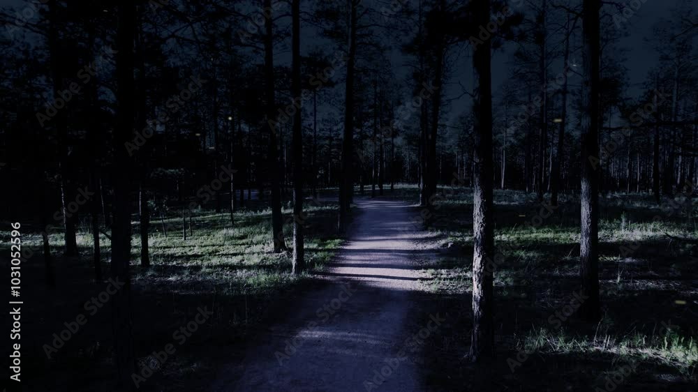 Poster through a magical moonlit forest with fireflies 4k features moving down a path in a pine forest with