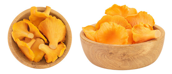 Chanterelle mushroom in wooden bowl isolated on a white background. Top view. Flat lay