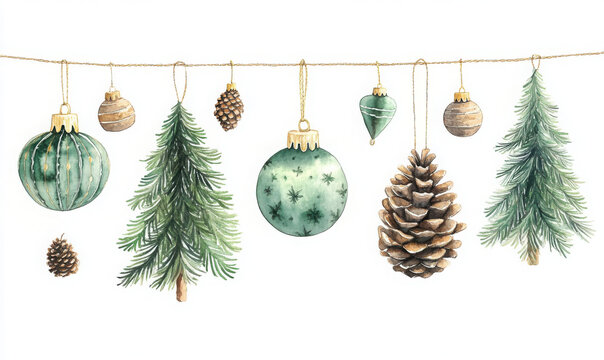 Christmas toys, beautiful christmas trees, pine cone and acorn, bright set of pendants, watercolor winter isolated decors, horizontal border for greeting, invitation cards or print.