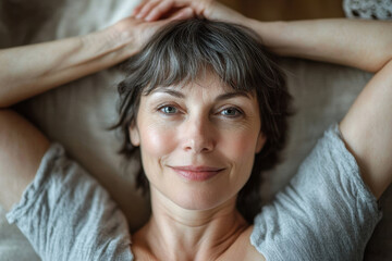 Fototapeta premium A woman enjoys a moment of relaxation with a blissful smile while lying on a soft blanket