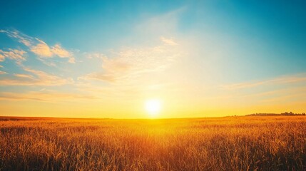 Fototapeta premium Golden Field at Sunset with a Clear Sky