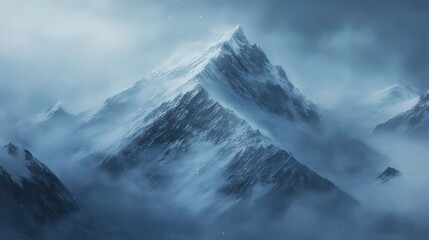 Obraz premium A majestic snow-capped mountain peak rises above a sea of clouds, with a hint of sunlight breaking through the mist.