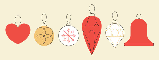Christmas tree ball, toy, and decoration set. Simple geometric tree decoration for New Year and Christmas greeting cards, banners, posters, and websites. Vector illustration in red, gold, white colors