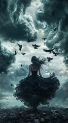 A woman is standing in the middle of a stormy sky with a flock of birds flying a