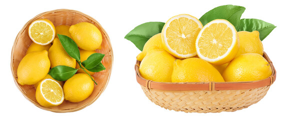 Ripe lemons in wicker basket isolated on white background. Top view. Flat lay.