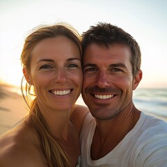 Fototapeta premium Beach couple smiling for selfie