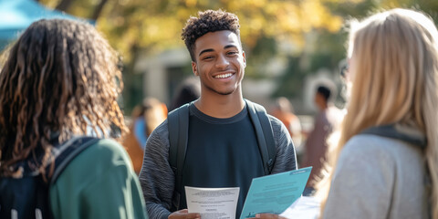 Mental health awareness campaign booth at a college campus, with volunteers handing out informational brochures and talking to students.