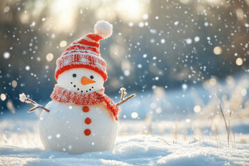 Fototapeta premium A cheerful snowman stands proudly in a snowy landscape during a magical winter snowfall