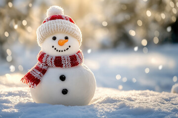 A cheerful snowman stands proudly in a snowy landscape during a magical winter snowfall