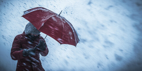 Person wearing winter coat withstanding strong wind and heavy snow in a city street. Extreme weather conditions.
