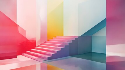 Abstract minimal interior design with colorful stairs and walls.