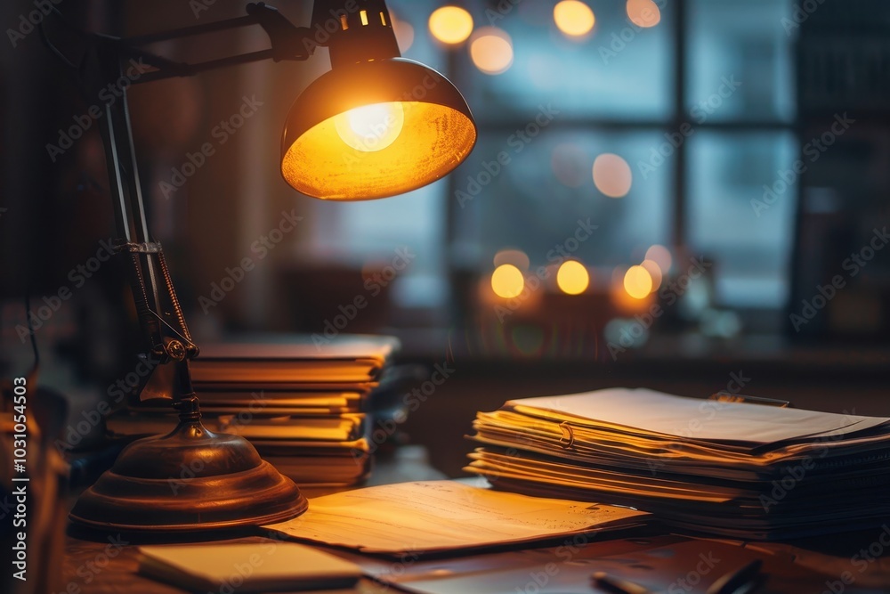Leinwandbilder a warm-lit desk with papers and a lamp in a cozy study setting during the evening, creating an invit