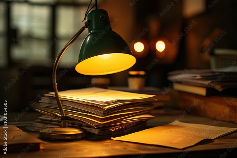 Leinwandbilder a warm-lit desk with papers and a lamp in a cozy study setting during the evening, creating an invit