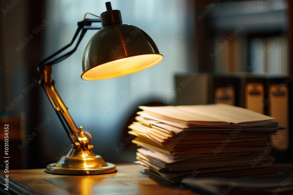 Leinwandbilder a warm-lit desk with papers and a lamp in a cozy study setting during the evening, creating an invit