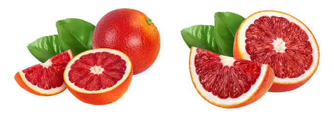 Blood red oranges isolated on white background with full depth of field