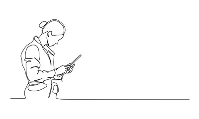 Continuous line drawing of businesswoman working on tablet. Business concept. Vector illustration