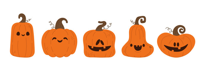 Set of cute Halloween pumpkins isolated on white background. Vector illustration in flat style for your design.