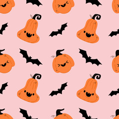 Obraz premium Cute Halloween pattern with pumpkins and bat. Seamless pattern for your design textile, wallpaper, wrapping paper, background etc.